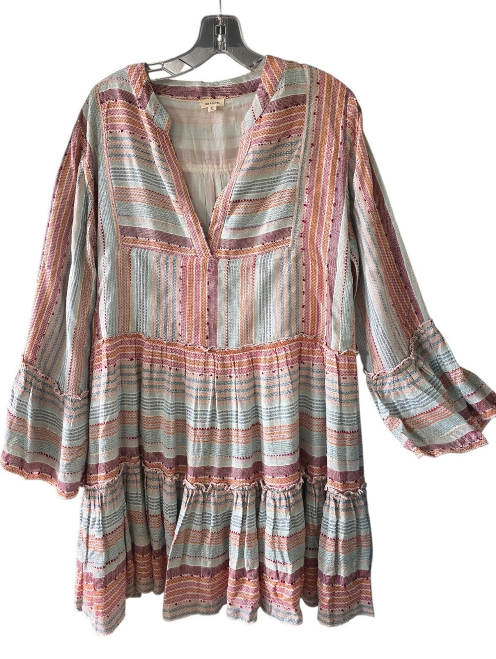 En Creme Darlene Tiered Mini Dress With Bell Sleeves Size Large